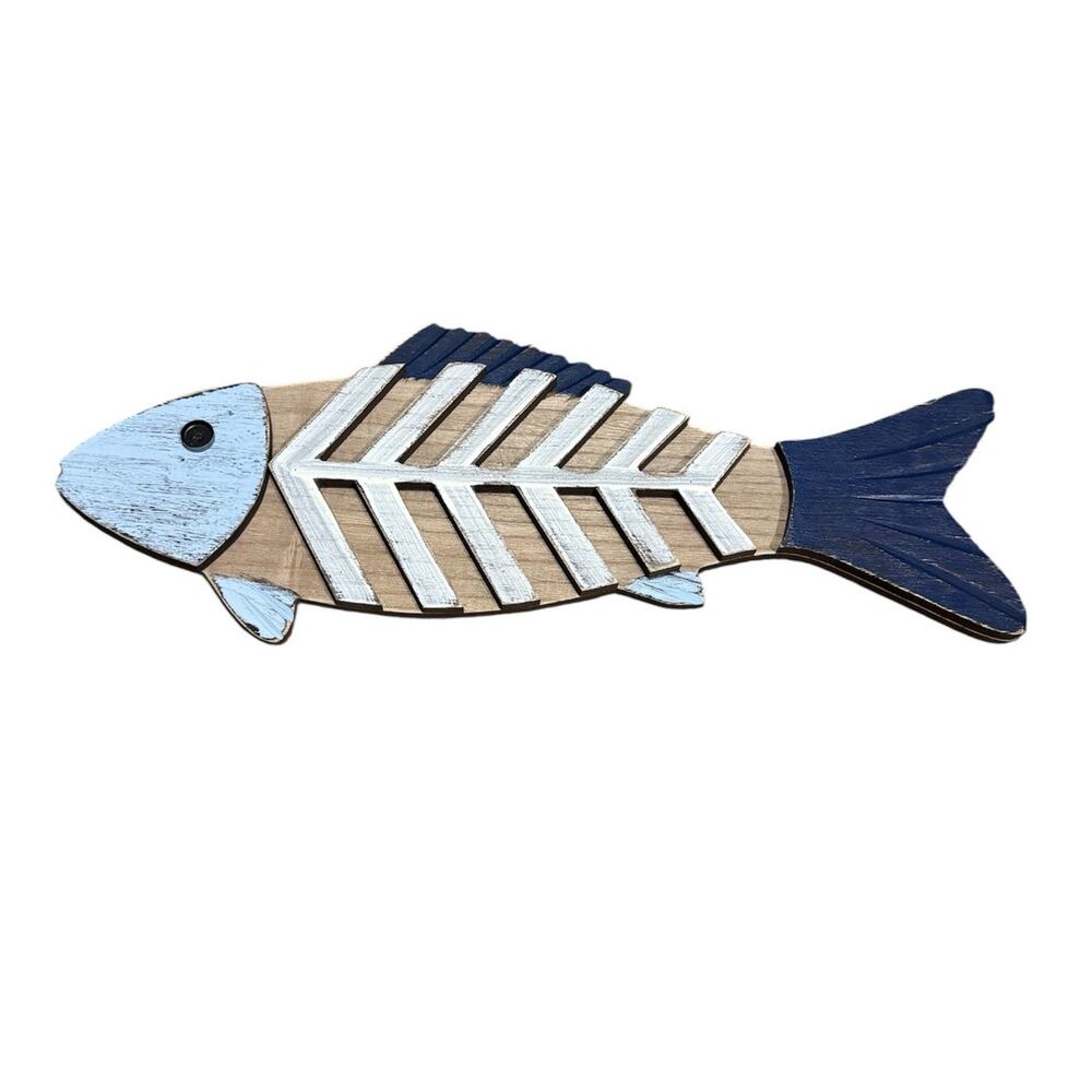 Wood Fish Wall Decor Rustic Nautical Coastal Farmhouse 22" Blue Hanging Art